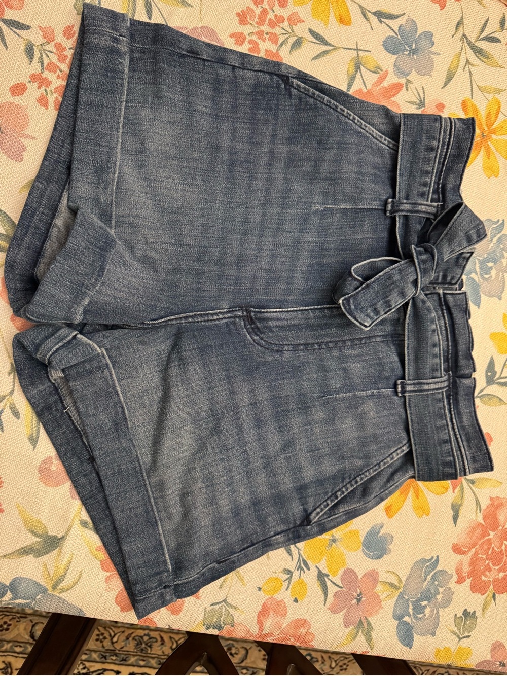 Express Denim Paperbag Waist Tie Shorts in Medium Blue